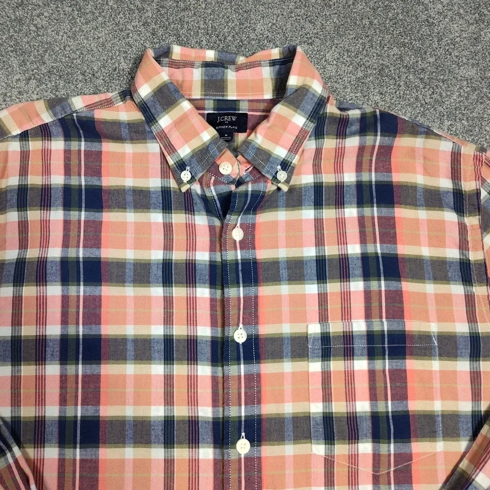 J Crew Mens Summer Plaid Button Down Long Sleeve Shirt Size M Peach Navy Cotton